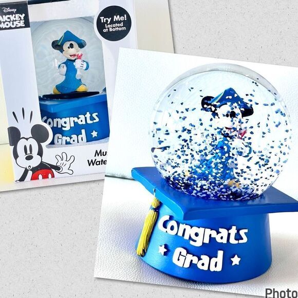 NWT Disney Mickey Mouse “Congrats Grad” Big Prom Blue Musical Snow Globe no year - Picture 1 of 14
